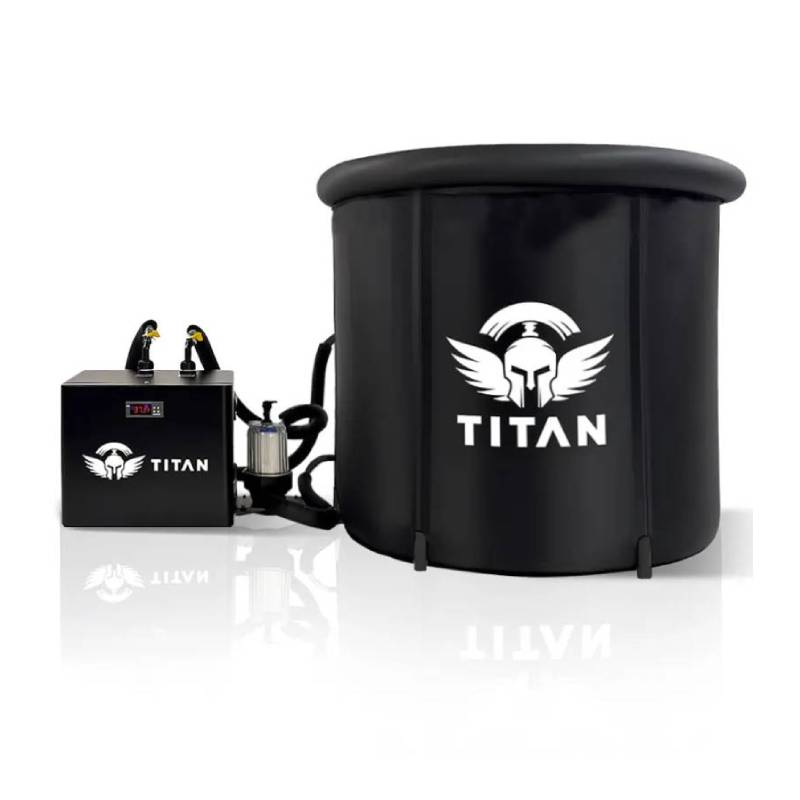 Titan Bravo cold plunge with 1/3 HP Universal Chiller, 37°F display, insulated hoses and 20 micron inline filter, round black tub