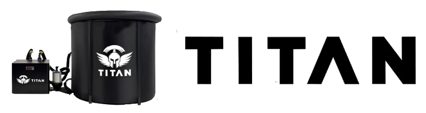 Titan cold plunge water chiller with inline filter and hoses next to TITAN logo, comparison against other brands