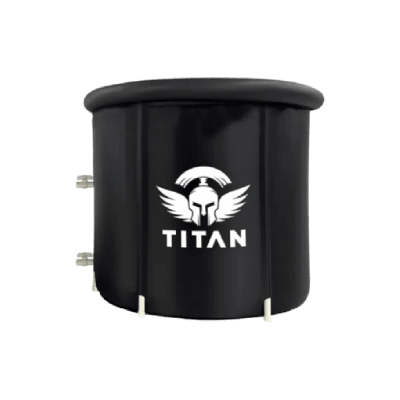 Titan Bravo cold plunge tub, compact round design, front view with Titan logo and insulated walls