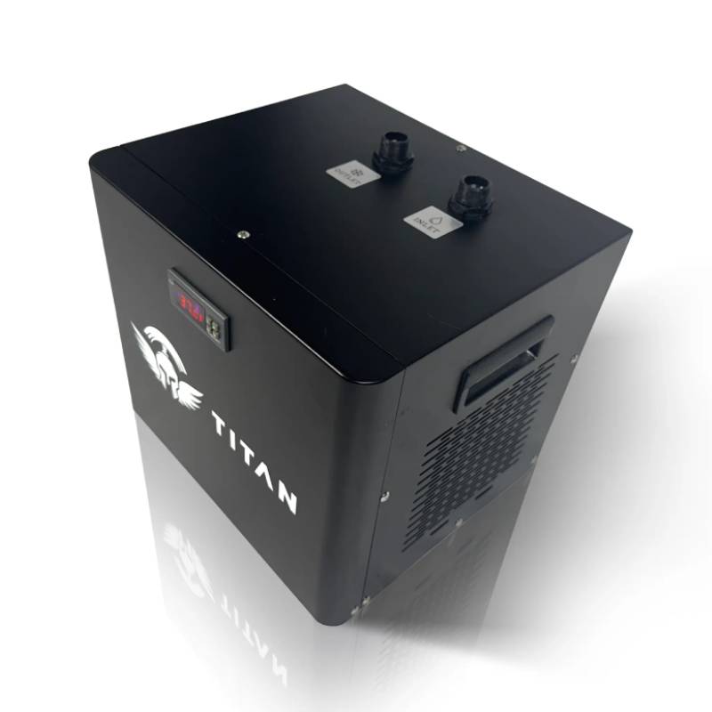 Titan 1/3 HP cold plunge chiller, black housing, top IN and OUT ports, digital temp display, side vent and handle, 3/4 view