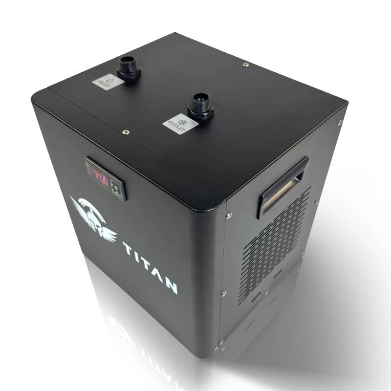 Titan 1/2 HP PRO cold plunge chiller, black housing with digital temperature display, top inlet and outlet ports, side vent and carry handle, 3/4 view on white background