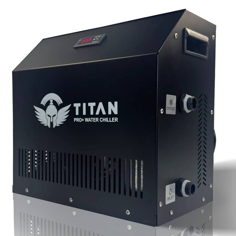 Titan 1 HP Pro Plus cold plunge water chiller, black housing with digital temperature display, side inlet and outlet ports, vented panel and handle
