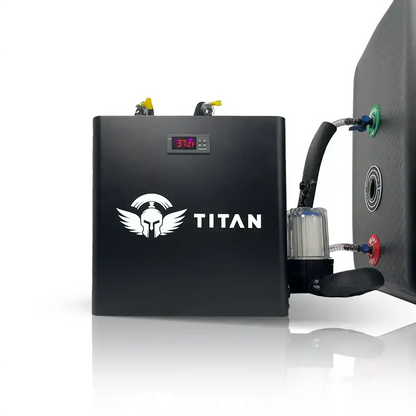 Titan cold plunge water chiller connected to tub, 37°F digital display, insulated hoses, 20 micron inline filter, quick connect in and out ports