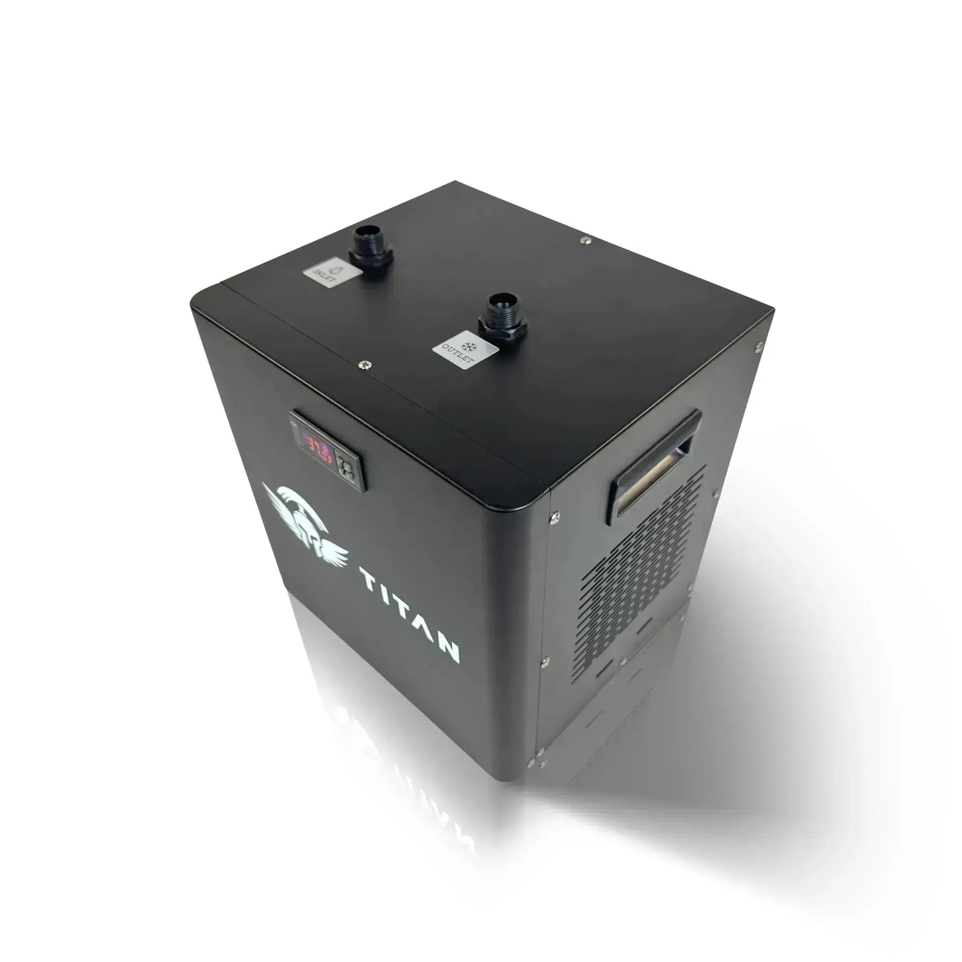Titan cold plunge ice bath chiller, 3/4 view, black housing with digital temperature display, top inlet and outlet ports, side vent and handle