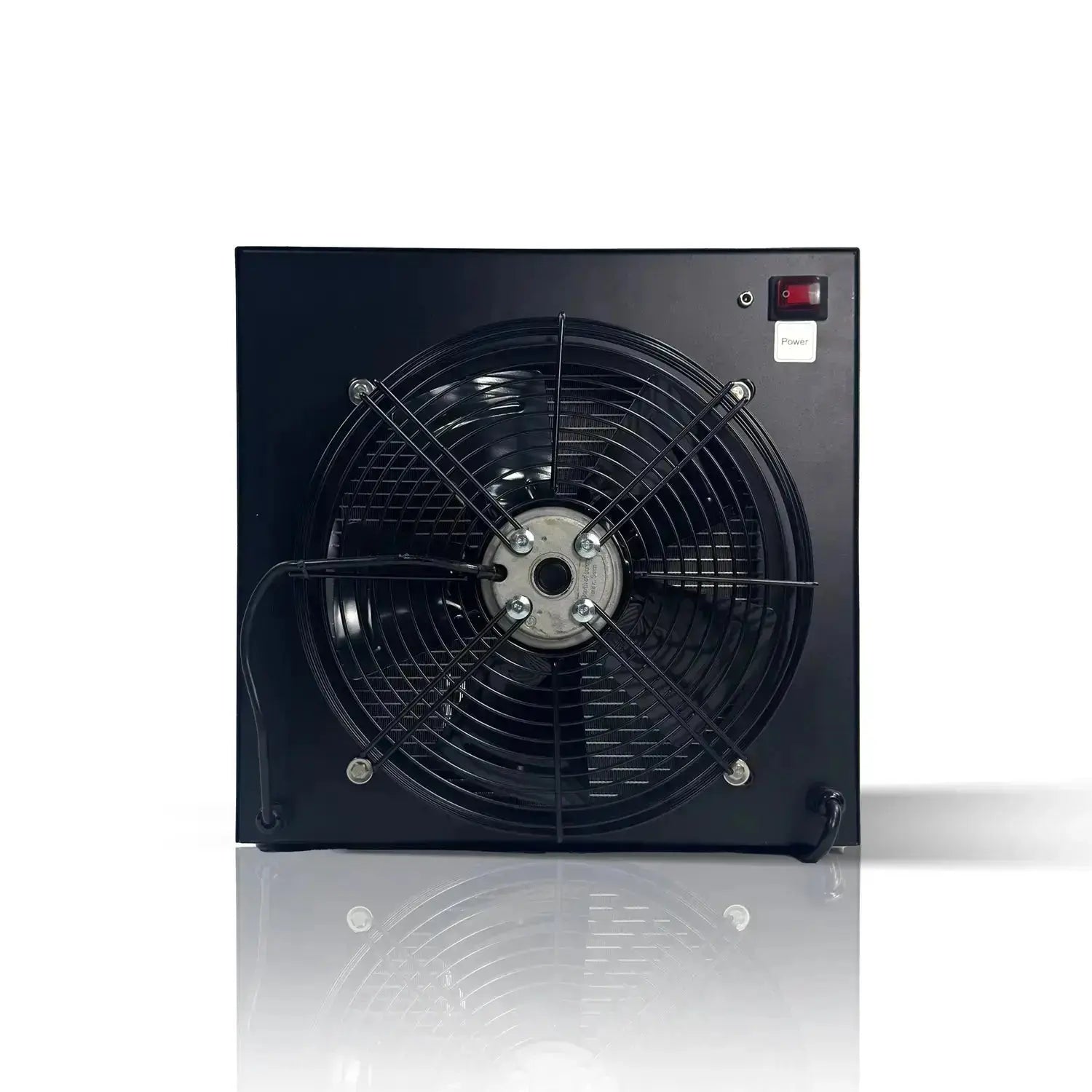 Titan 1 HP Pro Plus cold plunge water chiller rear view with large cooling fan and power switch, vented black housing