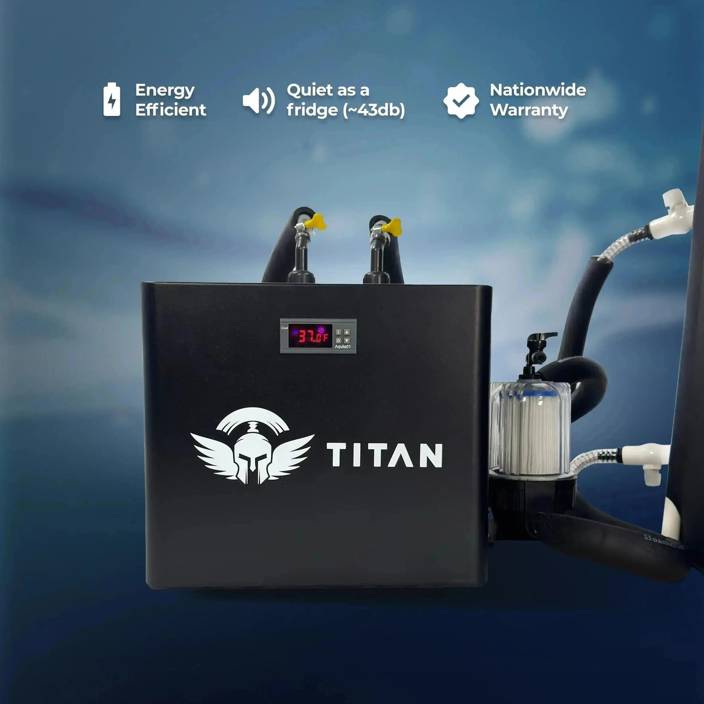 Titan cold plunge chiller with 37°F digital display and inline filter, energy efficient and quiet around 43 dB, backed by nationwide warranty 