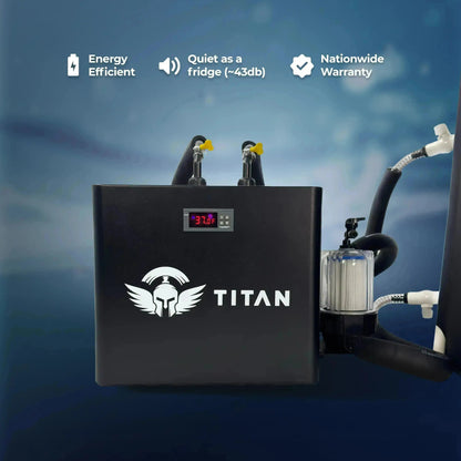 Titan cold plunge chiller with 37°F digital display and inline filter, energy efficient and quiet around 43 dB, backed by nationwide warranty 
