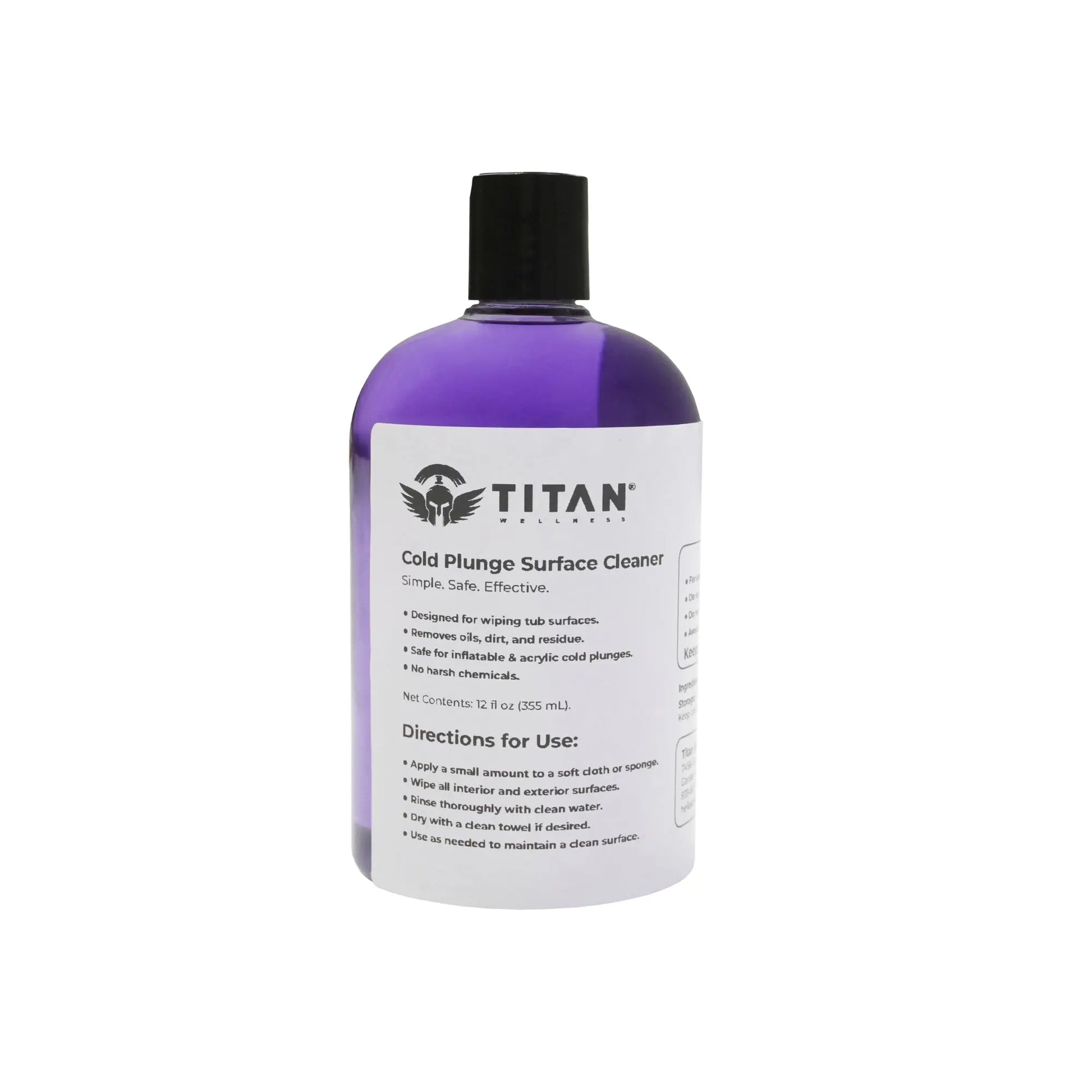 Titan Cold Plunge Surface Cleaner bottle on white background for sanitizing and maintaining cold therapy equipment.