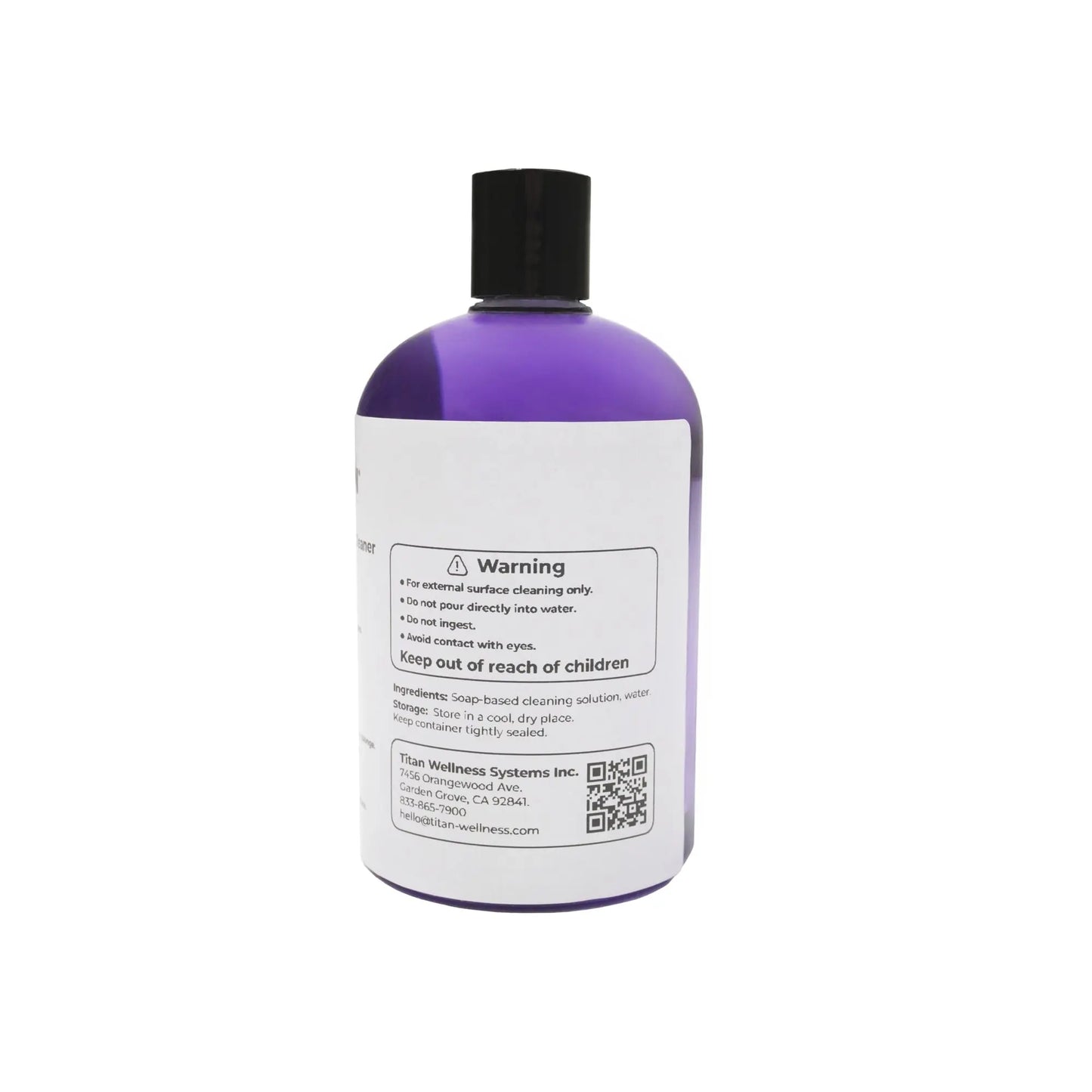 Titan Cold Plunge maintenance solution in a purple bottle on a white background for water clarity and hygiene.