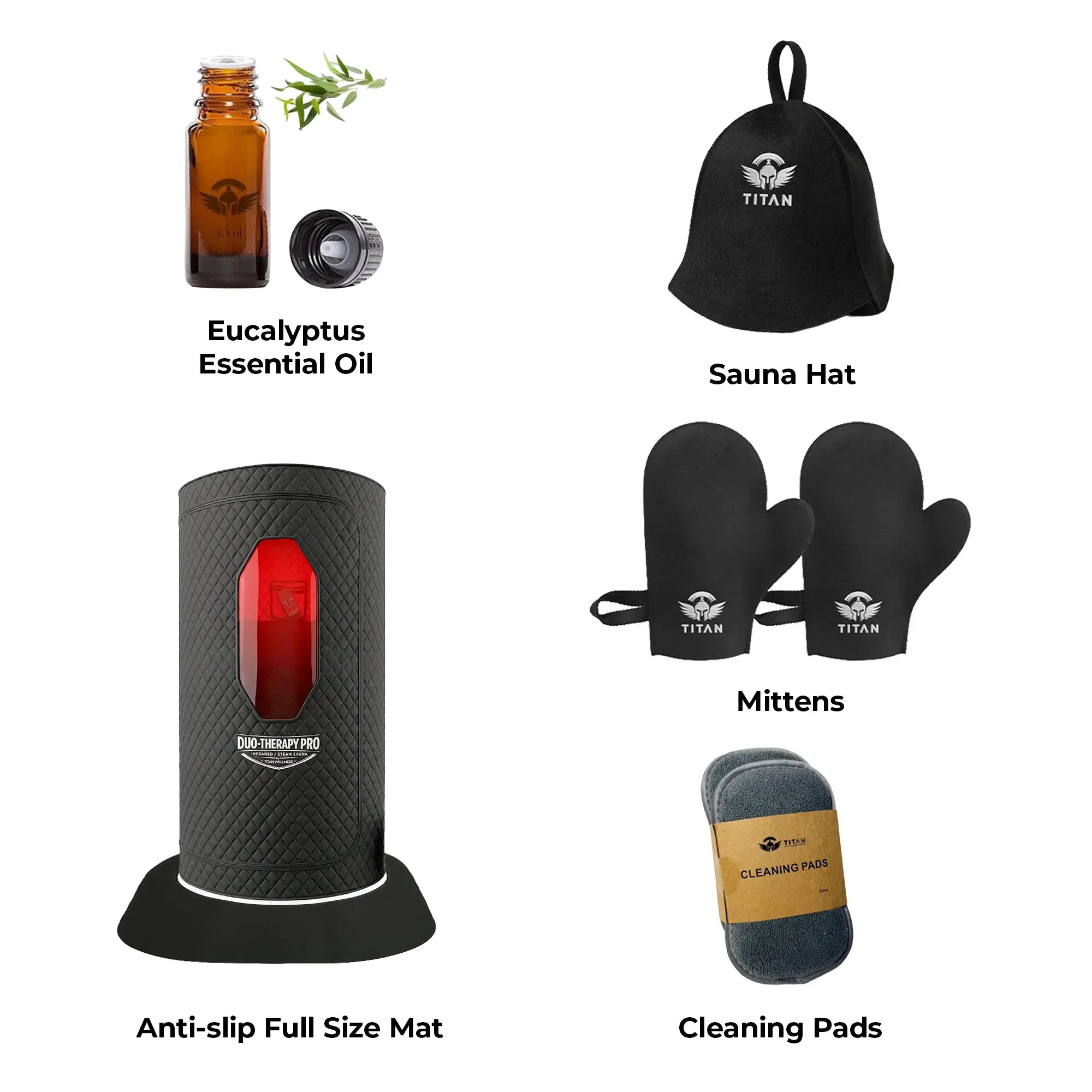 Duo-Therapy Pro Sauna® PRO Bundle: Full-Size Neoprene Anti-Slip Mat, Sauna Hat, Mittens, Eucalyptus Essential Oil, and Cleaning Pads