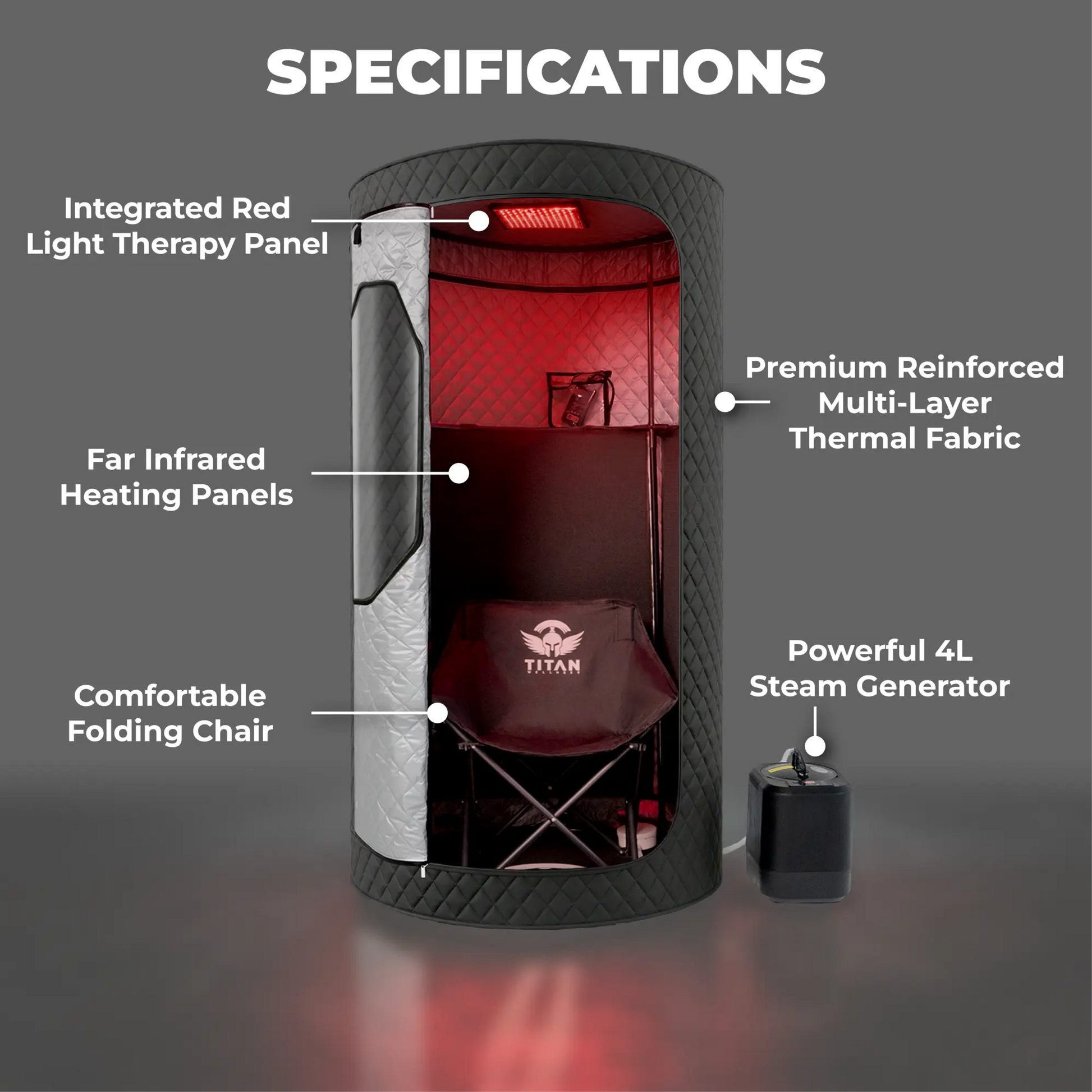 Duo Therapy Pro sauna specifications showing infrared heating panels red light therapy steam generator and folding chair inside