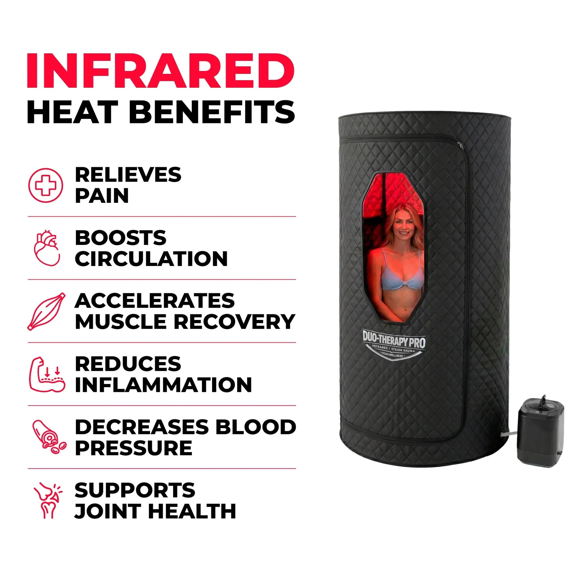 Duo Therapy Pro infrared sauna with user inside showing heat benefits for recovery circulation and pain relief