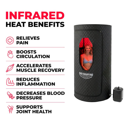 Duo Therapy Pro infrared sauna with user inside showing heat benefits for recovery circulation and pain relief