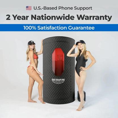 Two women standing next to Duo Therapy Pro portable sauna highlighting warranty and home wellness use