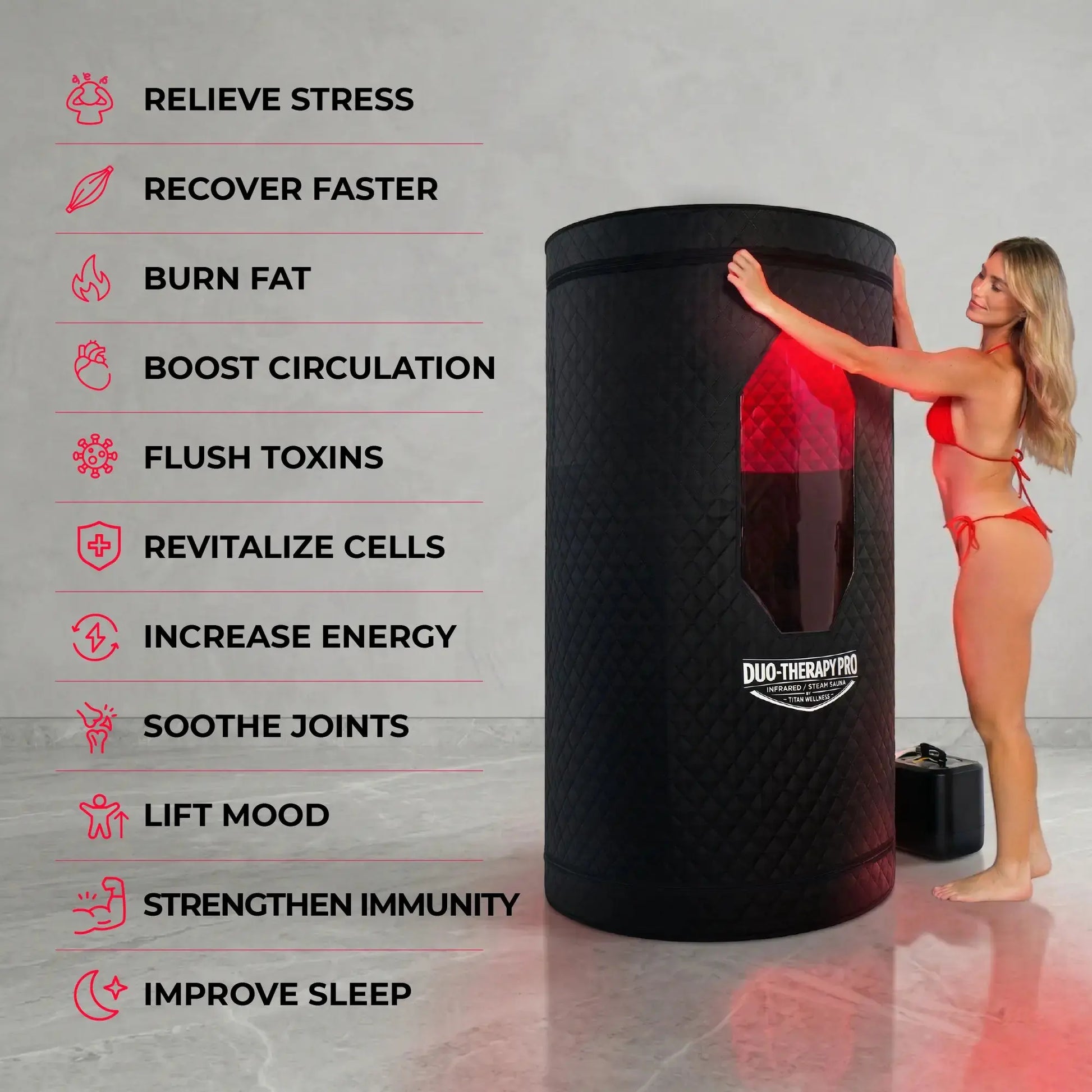 Duo Therapy Pro sauna use showing full body wellness benefits including recovery circulation detox and stress relief