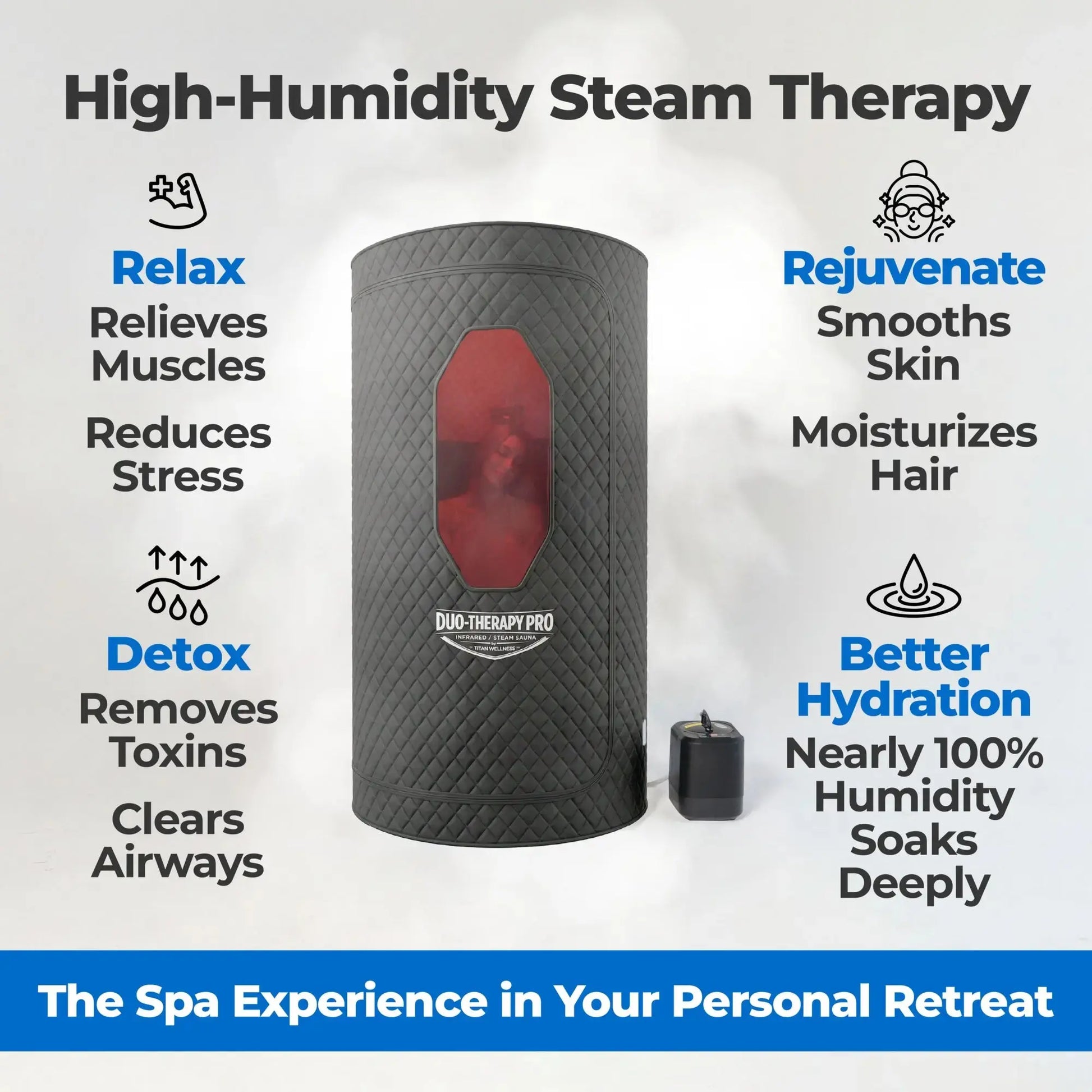 Duo Therapy Pro steam sauna with high humidity therapy for relaxation detox and skin hydration benefits