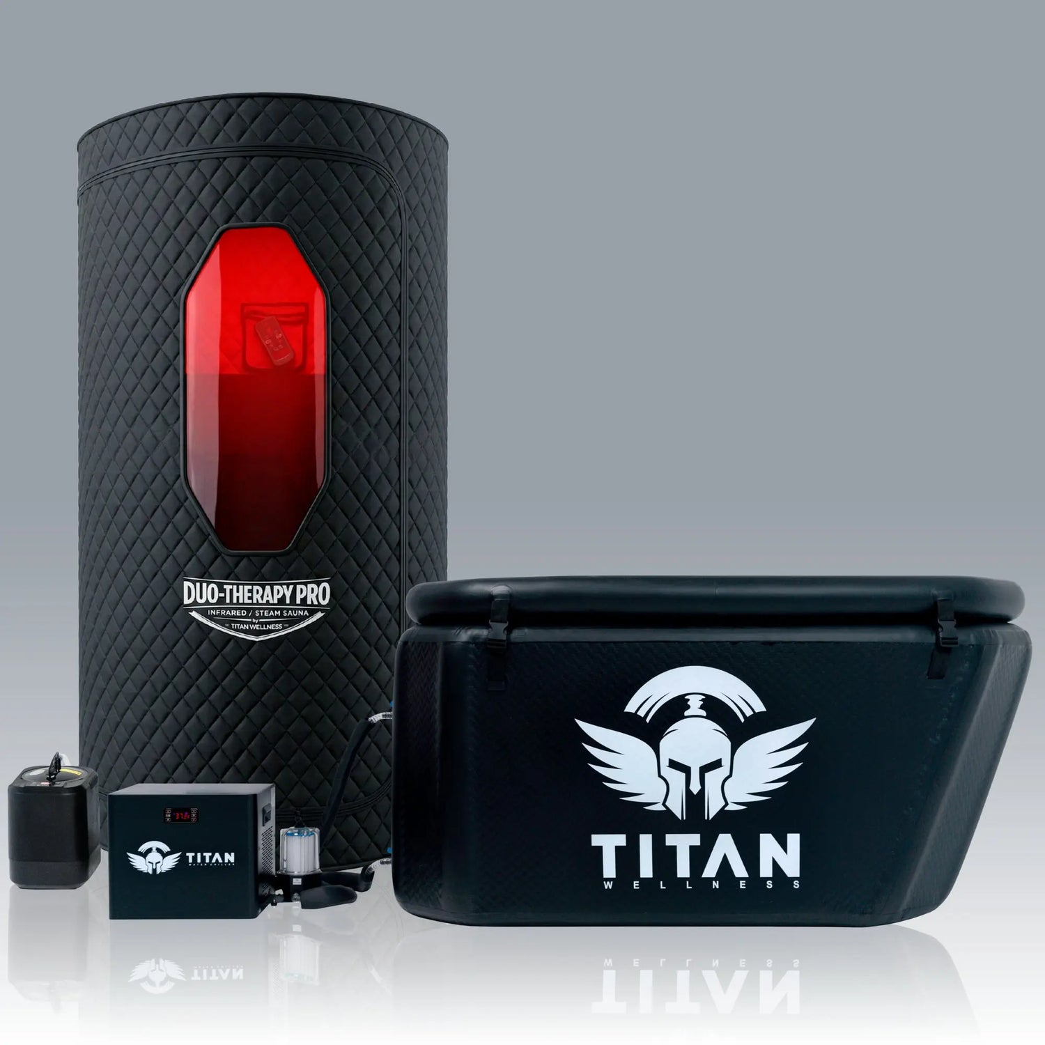 Sauna Duo-Therapy Pro and Triumph cold plunge tub bundle from Titan Wellness for professional-grade contrast therapy and muscle recovery.