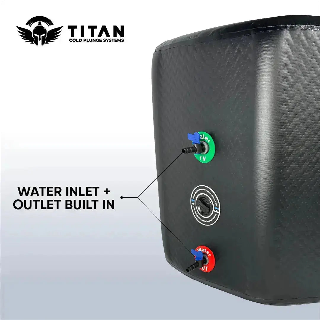 Triumph XL cold plunge — close-up of side wall showing built-in water inlet (green) and outlet (red) quick-connect ports with a center drain port.