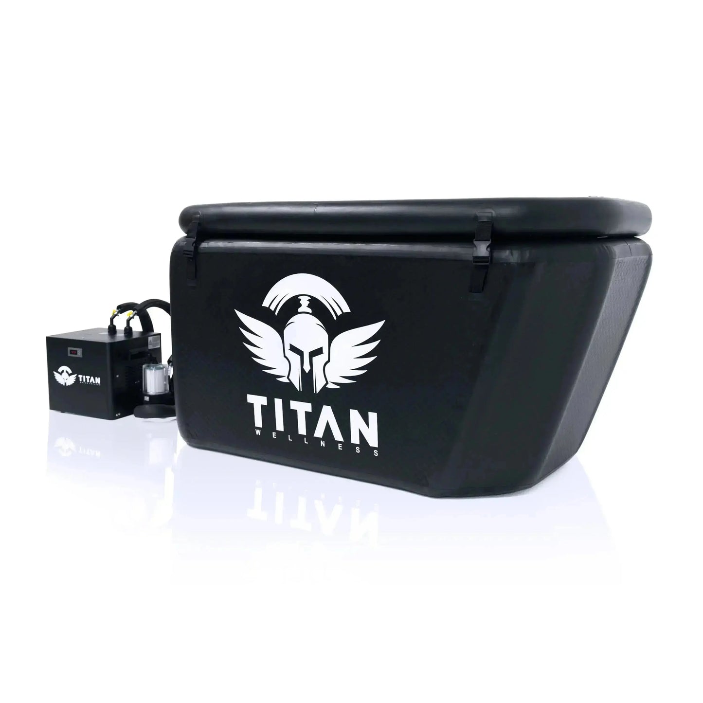 Triumph XL cold-plunge tub (black, angled-back) with lid closed and large TITAN logo, connected to a Titan chiller and inline filter on the left.