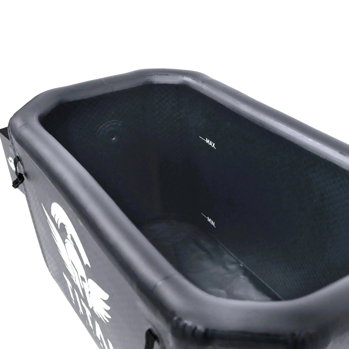 “Close-up of Titan Triumph XL tub interior showing the textured drop-stitch liner and printed MAX/MIN water level marks.”