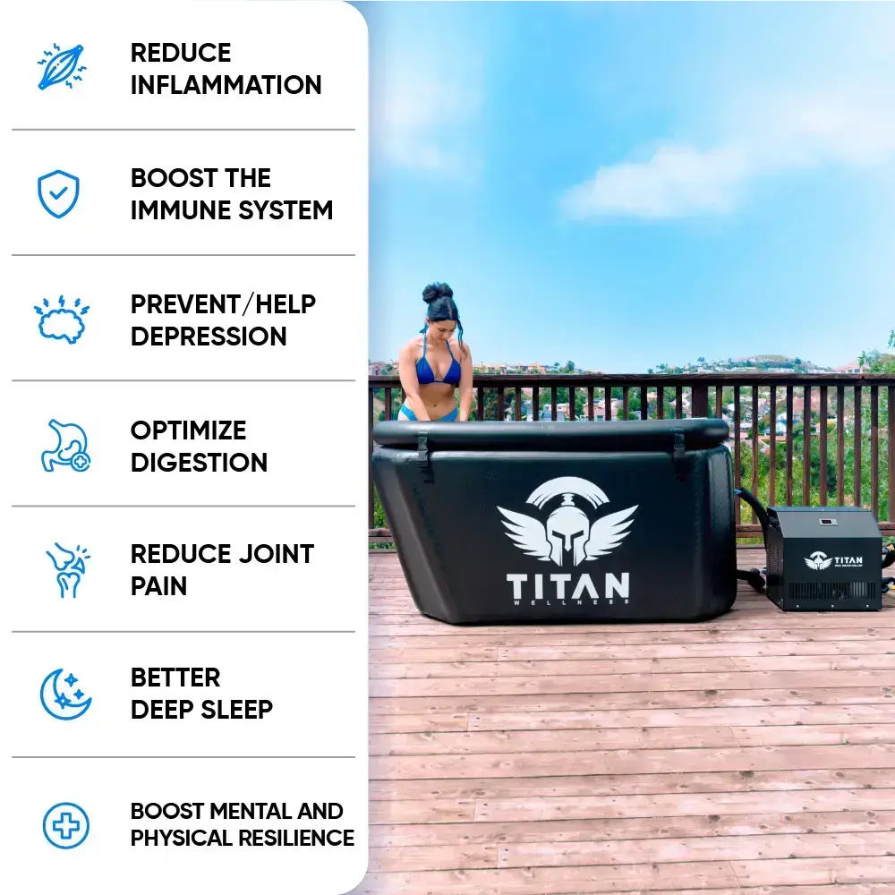Benefits graphic next to the Titan Triumph XL cold-plunge and external chiller on a deck; left panel lists: reduce inflammation, boost immunity, help depression, optimize digestion, reduce joint pain, better sleep, boost mental & physical resilience.