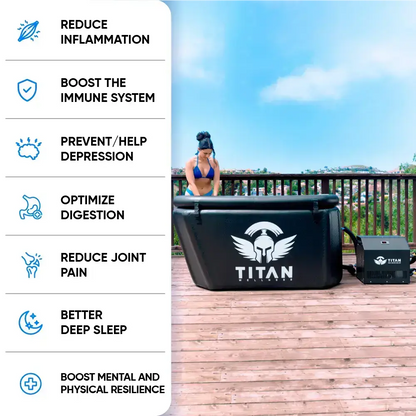 Benefits graphic next to the Titan Triumph XL cold-plunge and external chiller on a deck; left panel lists: reduce inflammation, boost immunity, help depression, optimize digestion, reduce joint pain, better sleep, boost mental & physical resilience.