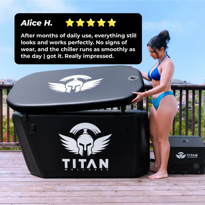 Woman lifting the insulated lid of a Titan Triumph XL cold plunge with the Titan chiller beside it on a deck; overlay shows a five-star review praising long-term durability and smooth performance.