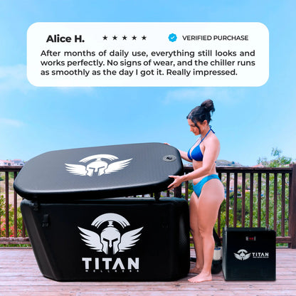 Woman lifting Titan Triumph insulated lid with chiller and 5-star customer review
