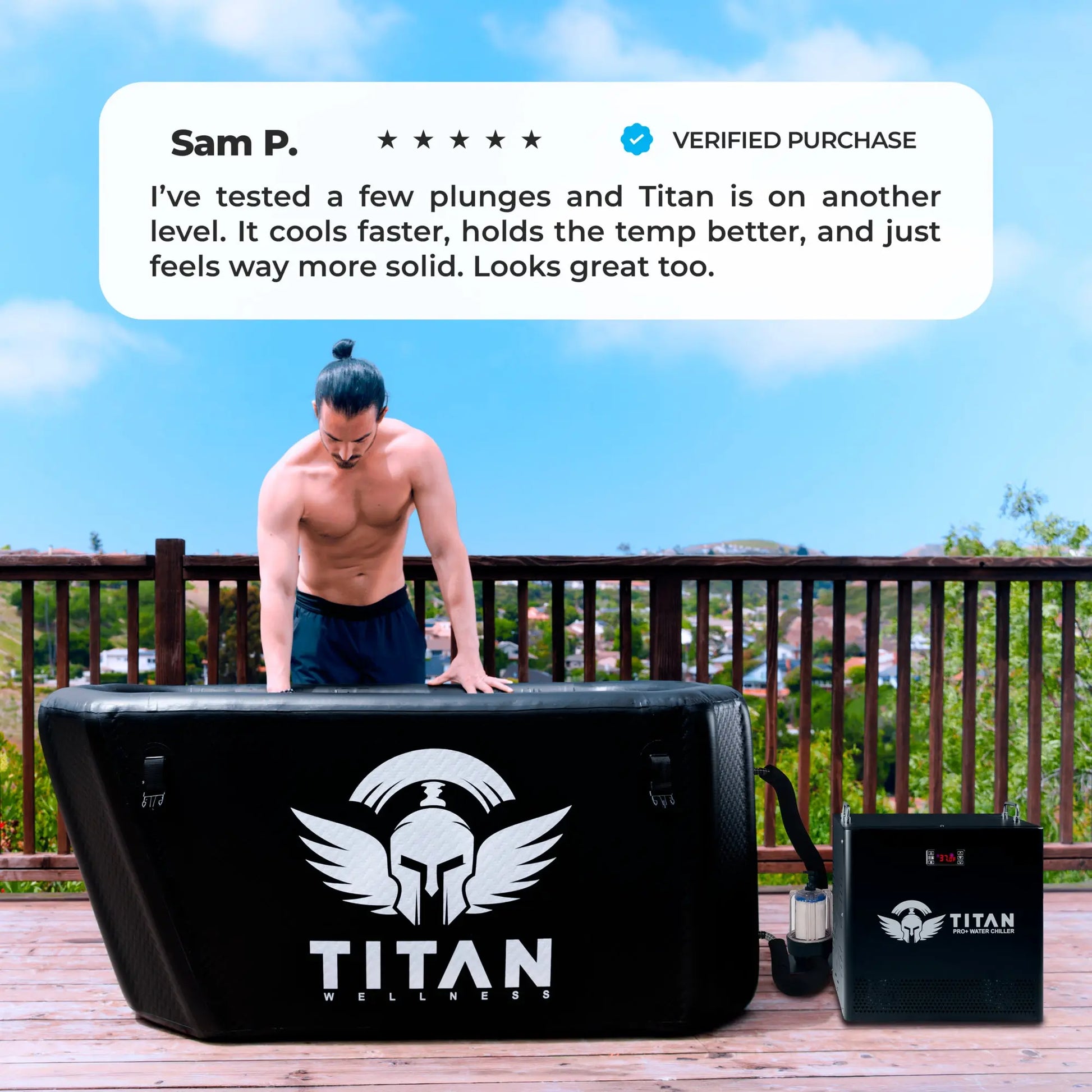 Man using Titan Triumph cold plunge and Pro+ chiller with 5-star customer review