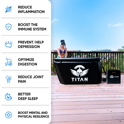 Person using a Titan Triumph inflatable tub with a 1 HP Pro+ Chiller on a wooden deck with health benefits listed on the left.