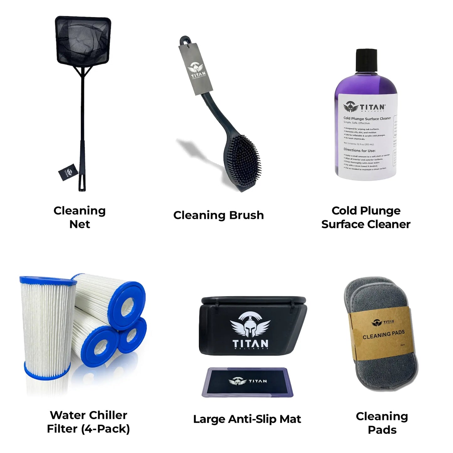 Collection of Titan Wellness cold plunge maintenance accessories, featuring a cleaning net, scrub brush, surface cleaner bottle, water chiller filter 4-pack, large anti-slip mat, and cleaning pads for proper home ice bath care.