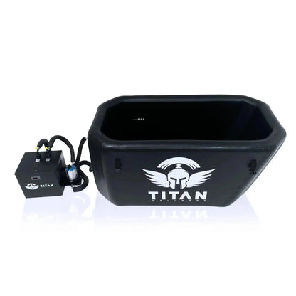 Top-down view of black Titan Triumph XL cold plunge tub and chiller with filter