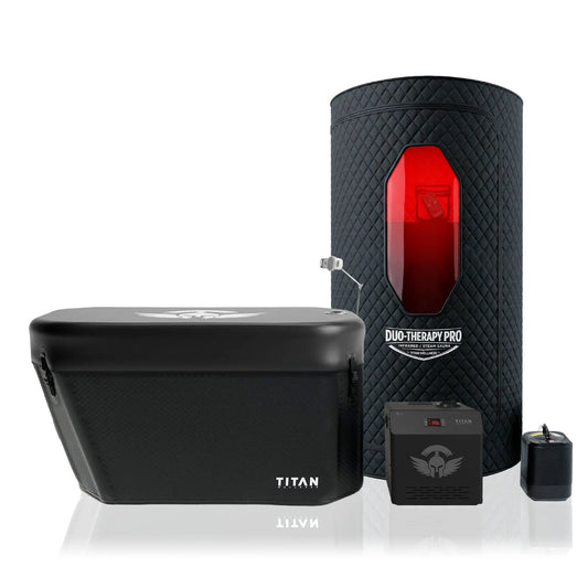 Sauna Duo-Therapy Pro and Triumph cold plunge tub bundle from Titan Wellness for professional-grade contrast therapy and muscle recovery.