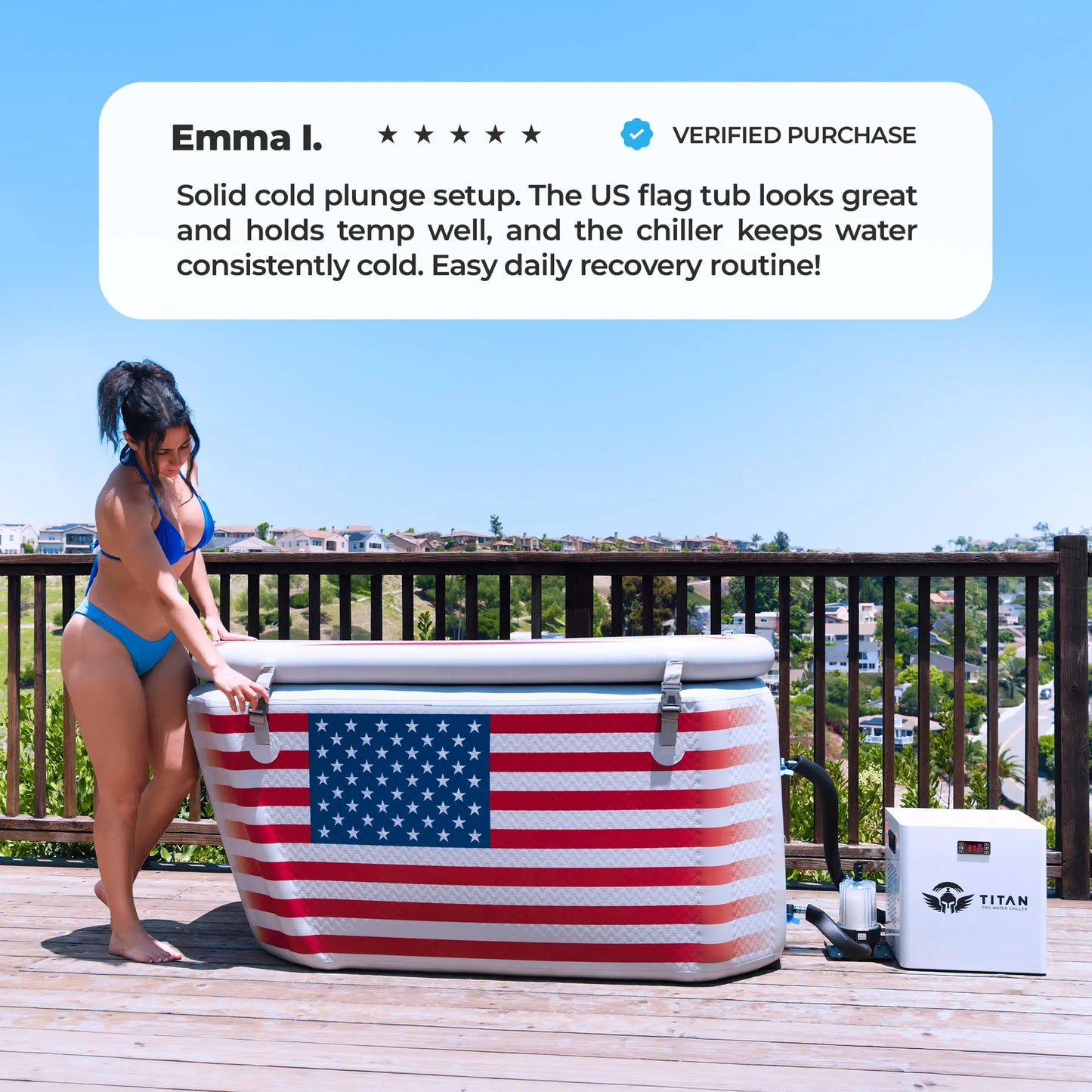 Triumph USA Flag cold plunge tub with chiller by Titan Wellness on outdoor deck with customer review overlay