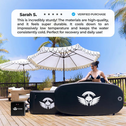 Titan Triumph XL cold plunge tub and chiller bundle by Titan Wellness with customer review on outdoor deck patio