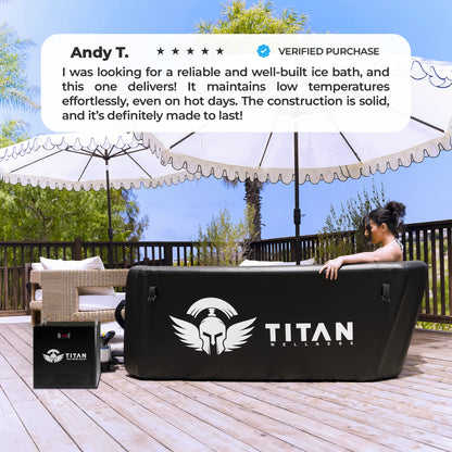 Titan Triumph XL cold plunge tub with chiller by Titan Wellness on outdoor patio with verified customer review overlay