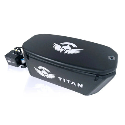 Titan Triumph XL cold plunge tub with closed insulated lid, full system with connected water chiller, sleek portable ice bath for maximum temperature retention and recovery use