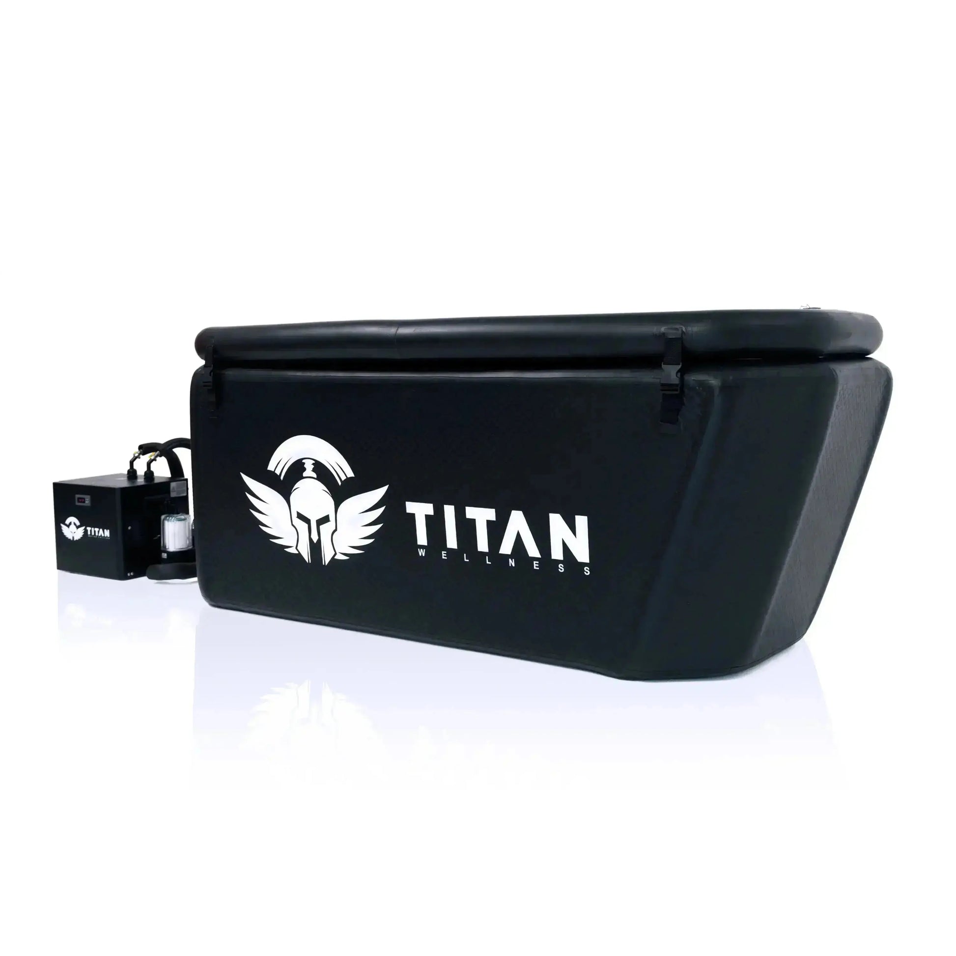 Titan Triumph XL cold plunge tub with insulated lid and connected water chiller, premium portable ice bath system for indoor and outdoor recovery use