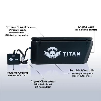 Titan Triumph XL cold plunge with chiller, 4 inch military grade drop stitch PVC, angled back for comfort, cools to 37°F 3°C, 20 micron filter, portable indoor outdoor 