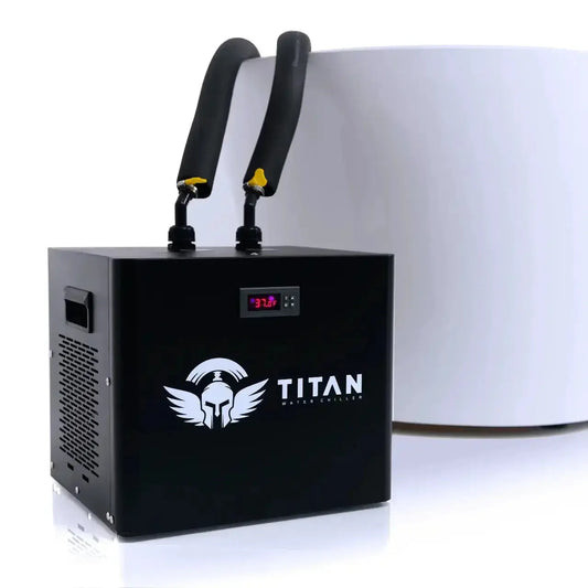 Titan Universal Ice Bath Chiller 1/3 HP for cold plunge tubs, connected to freestanding bathtub, 37°F digital display and insulated hoses