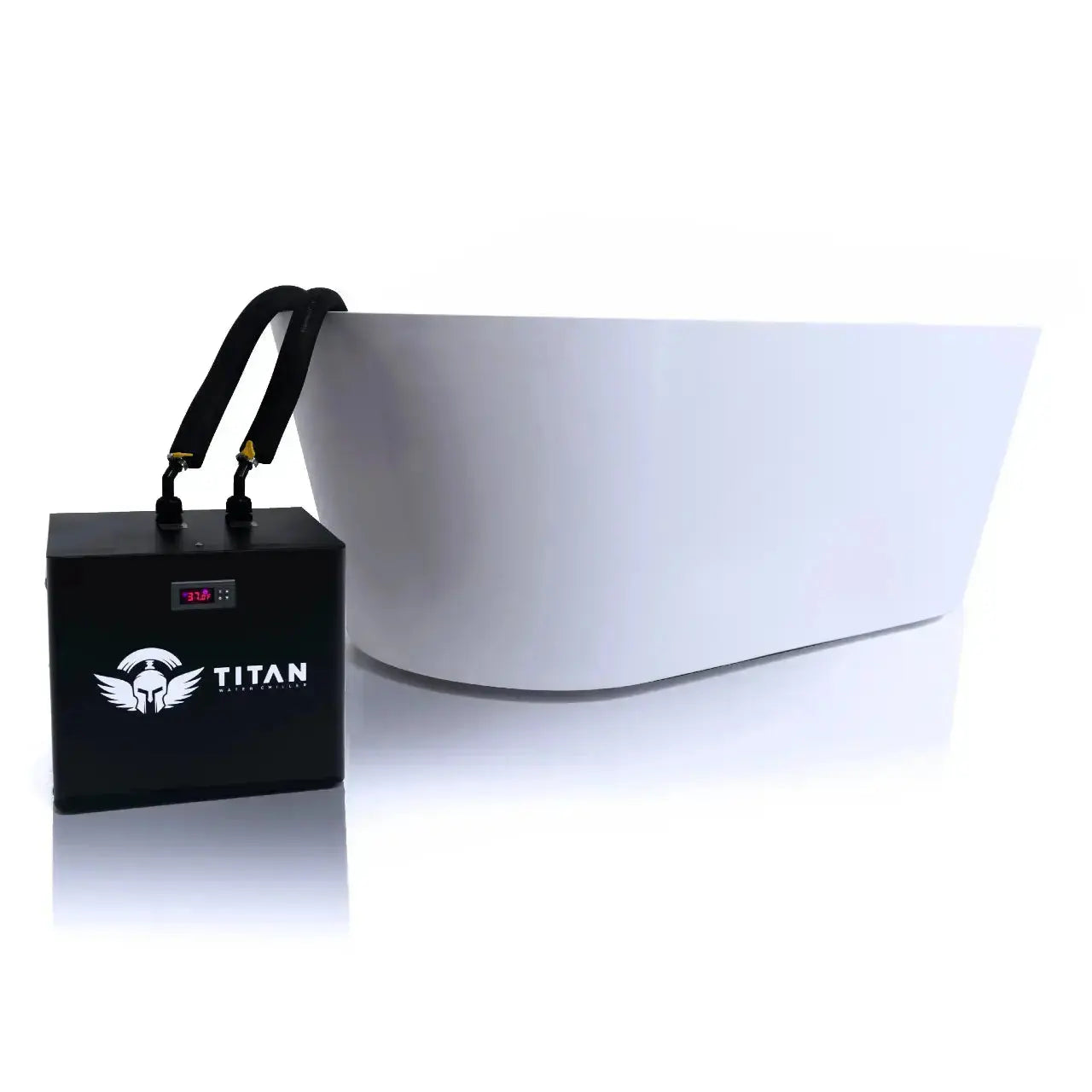 Titan Universal Ice Bath Chiller 1/3 HP connected to freestanding bathtub, 37°F digital display and insulated dual hoses
