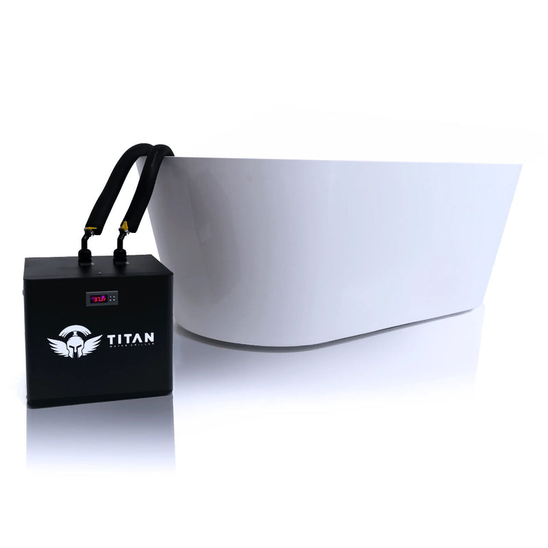 Titan universal cold plunge chiller connected to freestanding bathtub, insulated dual hoses, 37°F digital display