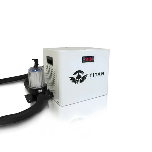 White Universal Ice Bath Chiller by Titan Wellness for maintaining precise water temperatures in cold therapy setups.