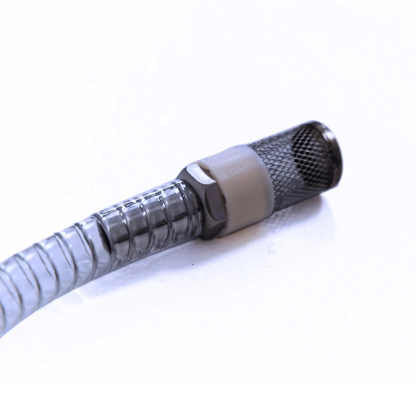 Titan Universal Ice Bath Chiller return hose close up with stainless steel mesh filter tip on clear reinforced tubing for debris protection