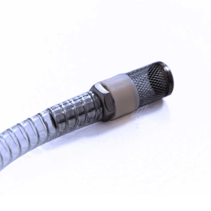 Titan Universal Ice Bath Chiller return hose close up with stainless steel mesh filter tip on clear reinforced tubing for debris protection