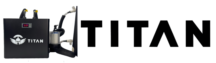 Titan cold plunge water chiller with inline filter and hoses next to TITAN logo, comparison against other brands